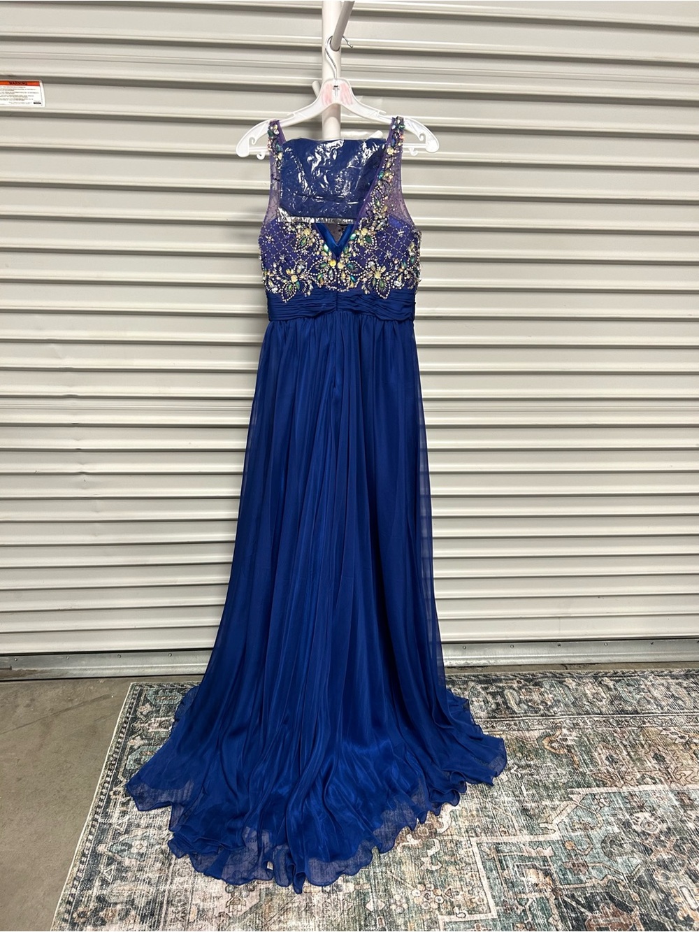 Lets Fashion Blue Beaded Formal Dress Embellished Bodice Chiffon Prom Gown M - Picture 5 of 12